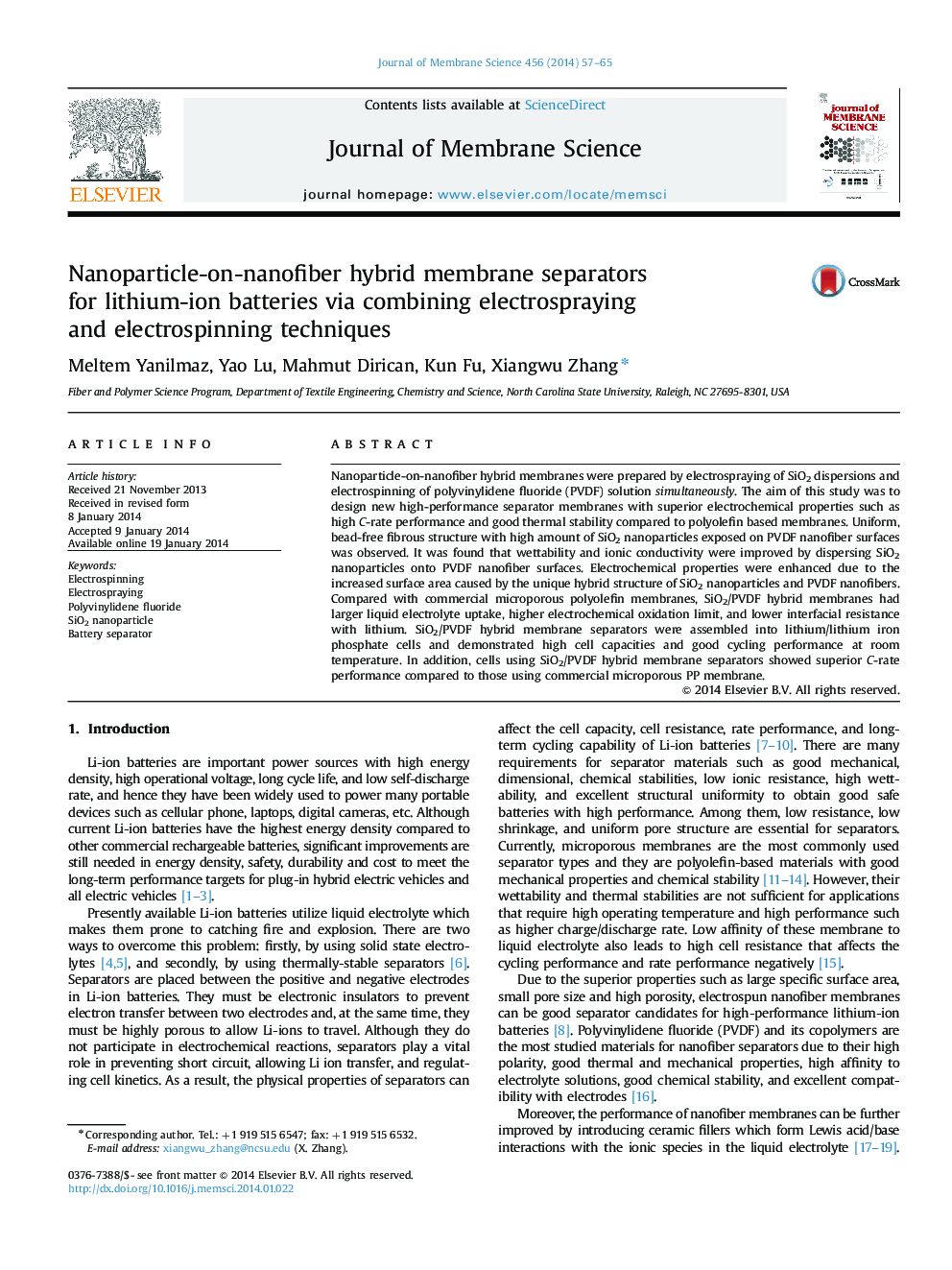 Nanoparticle-on-nanofiber hybrid membrane separators for lithium-ion batteries via combining electrospraying and electrospinning techniques