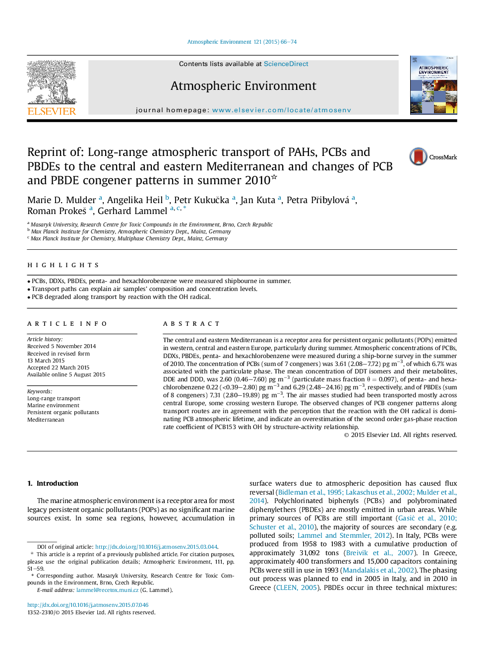 Reprint of: Long-range atmospheric transport of PAHs, PCBs and PBDEs to the central and eastern Mediterranean and changes of PCB and PBDE congener patterns in summer 2010