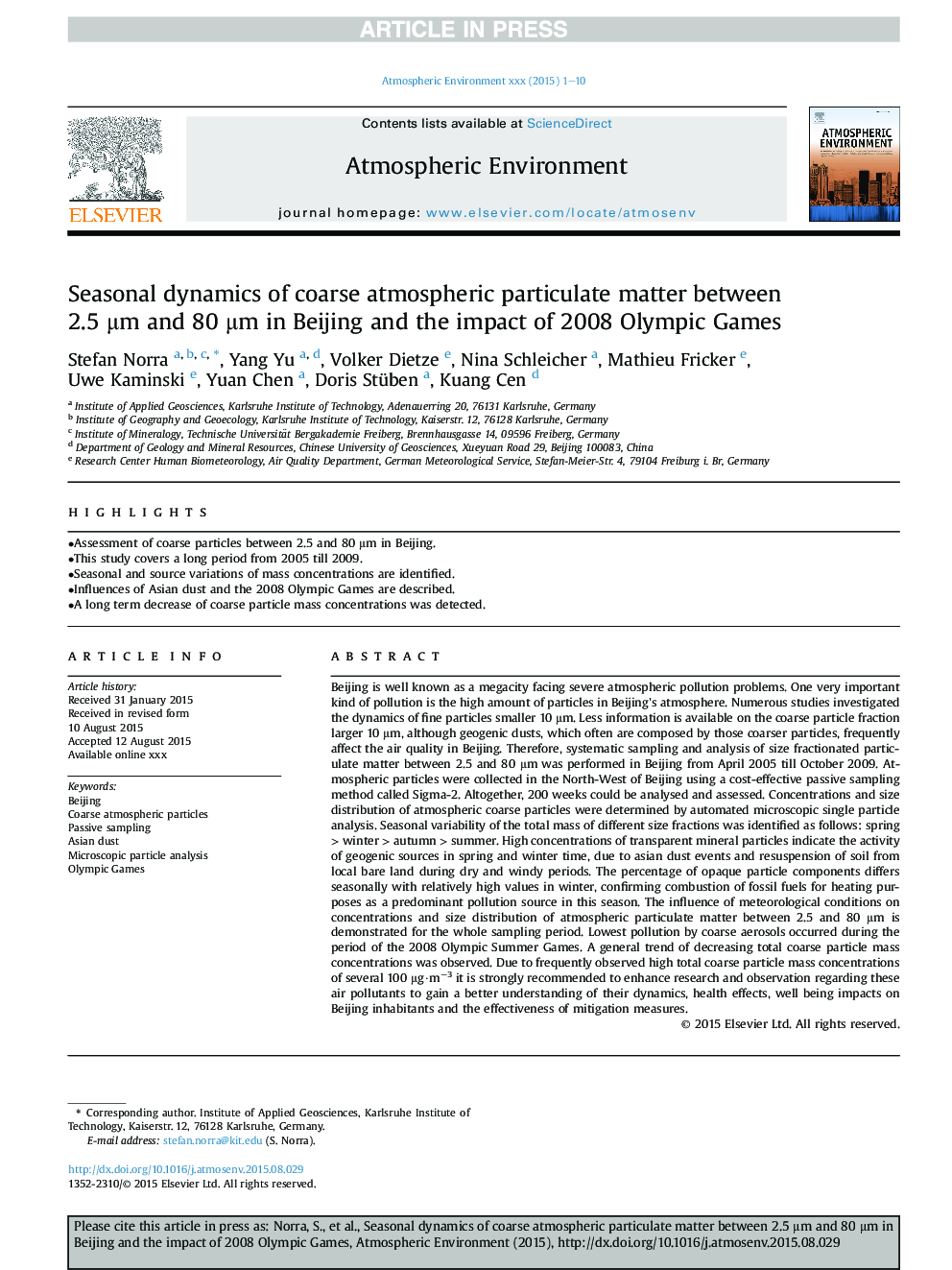 Seasonal dynamics of coarse atmospheric particulate matter between 2.5Â Î¼m and 80Â Î¼m in Beijing and the impact of 2008 Olympic Games