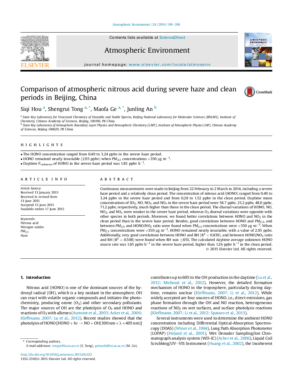 Comparison of atmospheric nitrous acid during severe haze and clean periods in Beijing, China