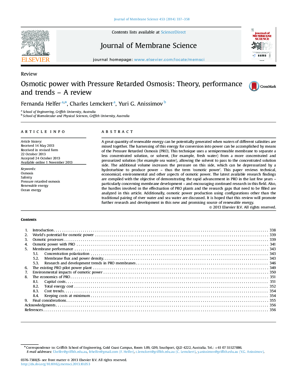 Osmotic power with Pressure Retarded Osmosis: Theory, performance and trends - A review