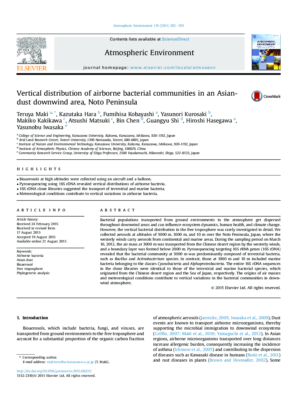 Vertical distribution of airborne bacterial communities in an Asian-dust downwind area, Noto Peninsula