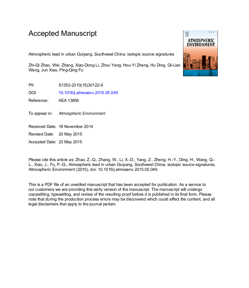 عکس صفحه اول مقاله: Atmospheric lead in urban Guiyang, Southwest China: Isotopic source signatures Atmospheric lead in urban Guiyang, Southwest China: Isotopic source signatures
