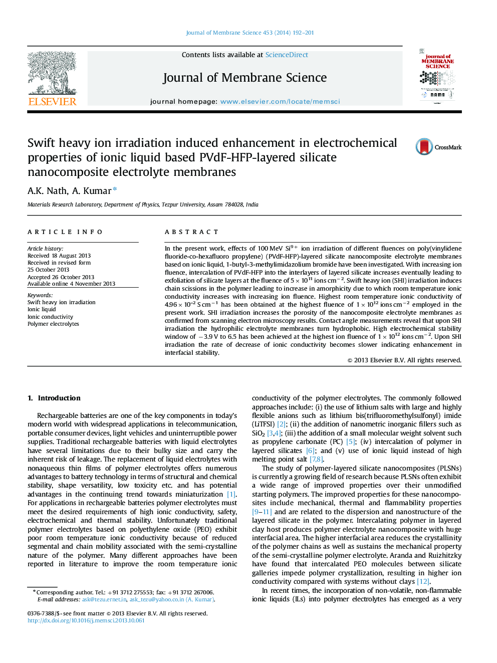 Swift heavy ion irradiation induced enhancement in electrochemical properties of ionic liquid based PVdF-HFP-layered silicate nanocomposite electrolyte membranes