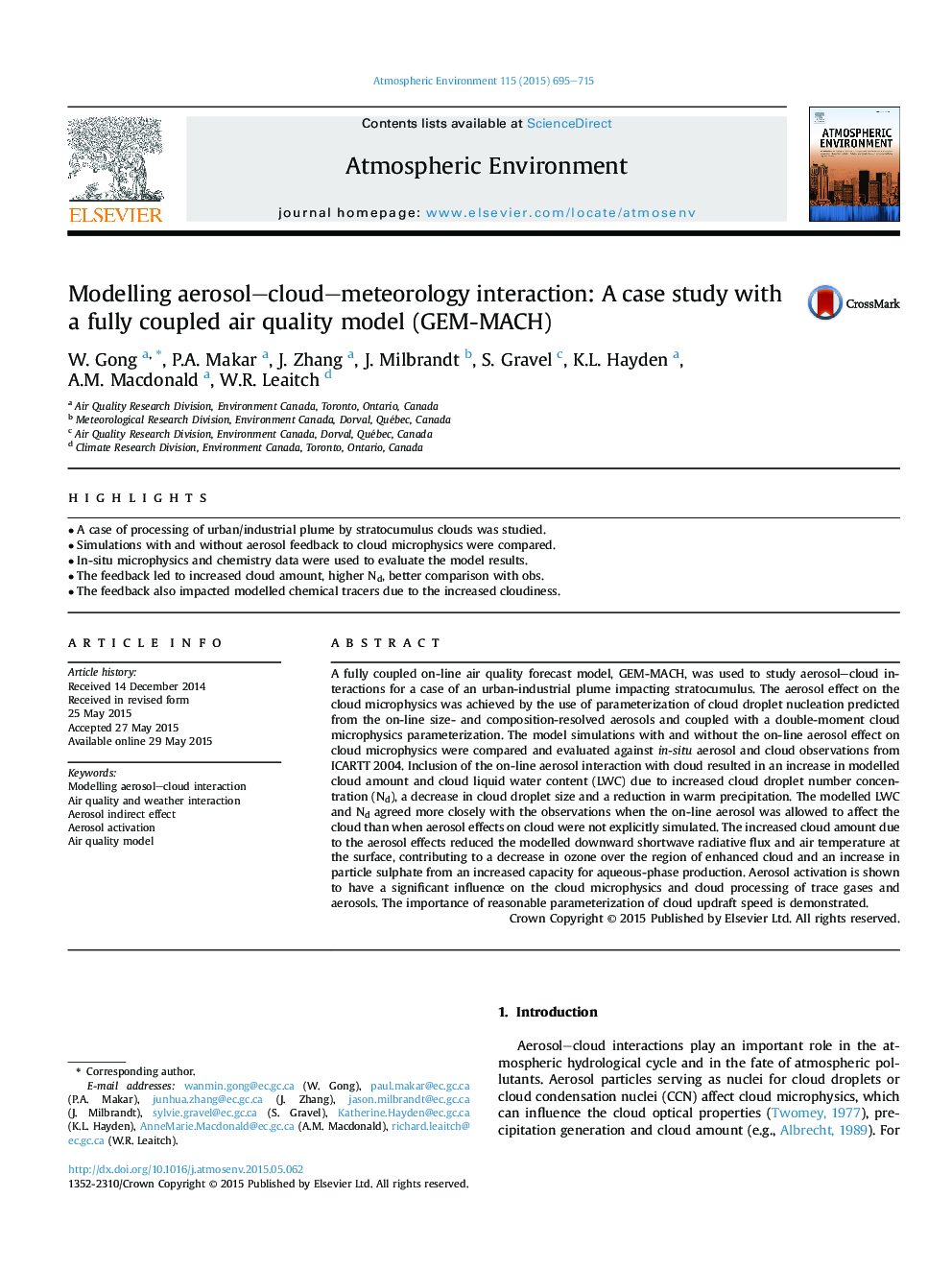 Modelling aerosol-cloud-meteorology interaction: A case study with a fully coupled air quality model (GEM-MACH)