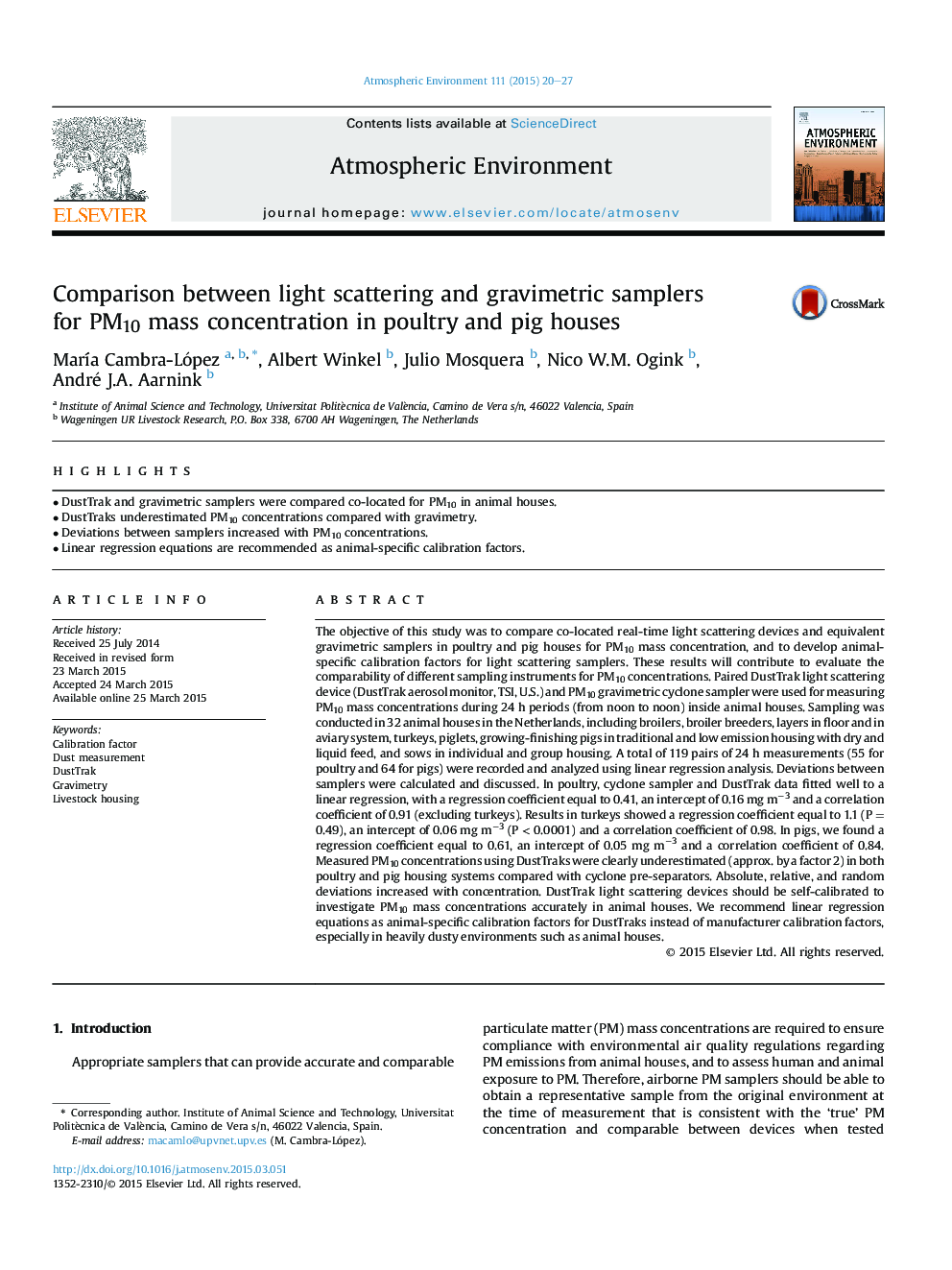 Comparison between light scattering and gravimetric samplers forÂ PM10 mass concentration in poultry and pig houses