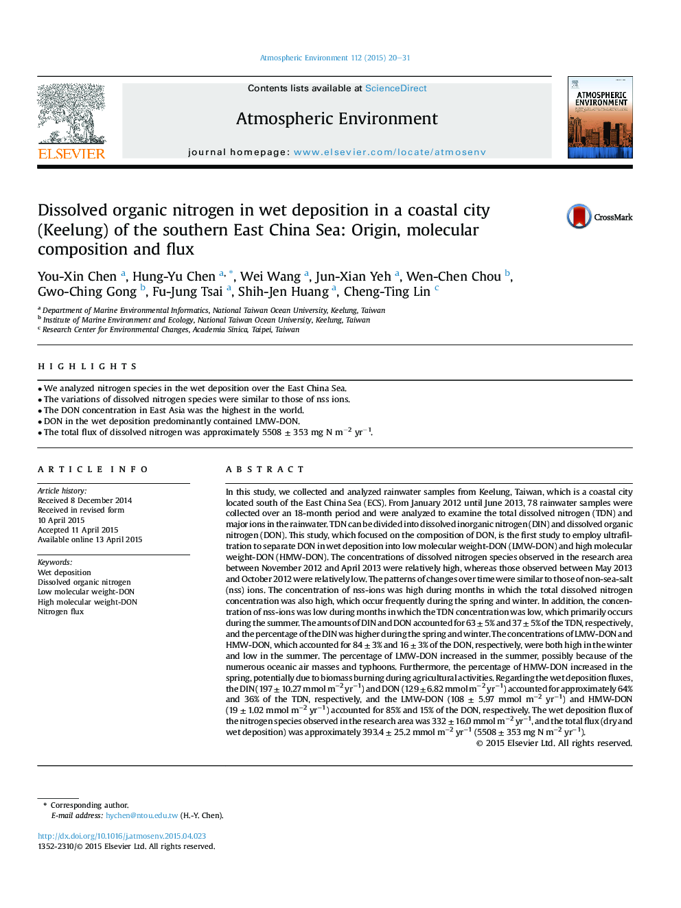 Dissolved organic nitrogen in wet deposition in a coastal city (Keelung) of the southern East China Sea: Origin, molecular composition and flux