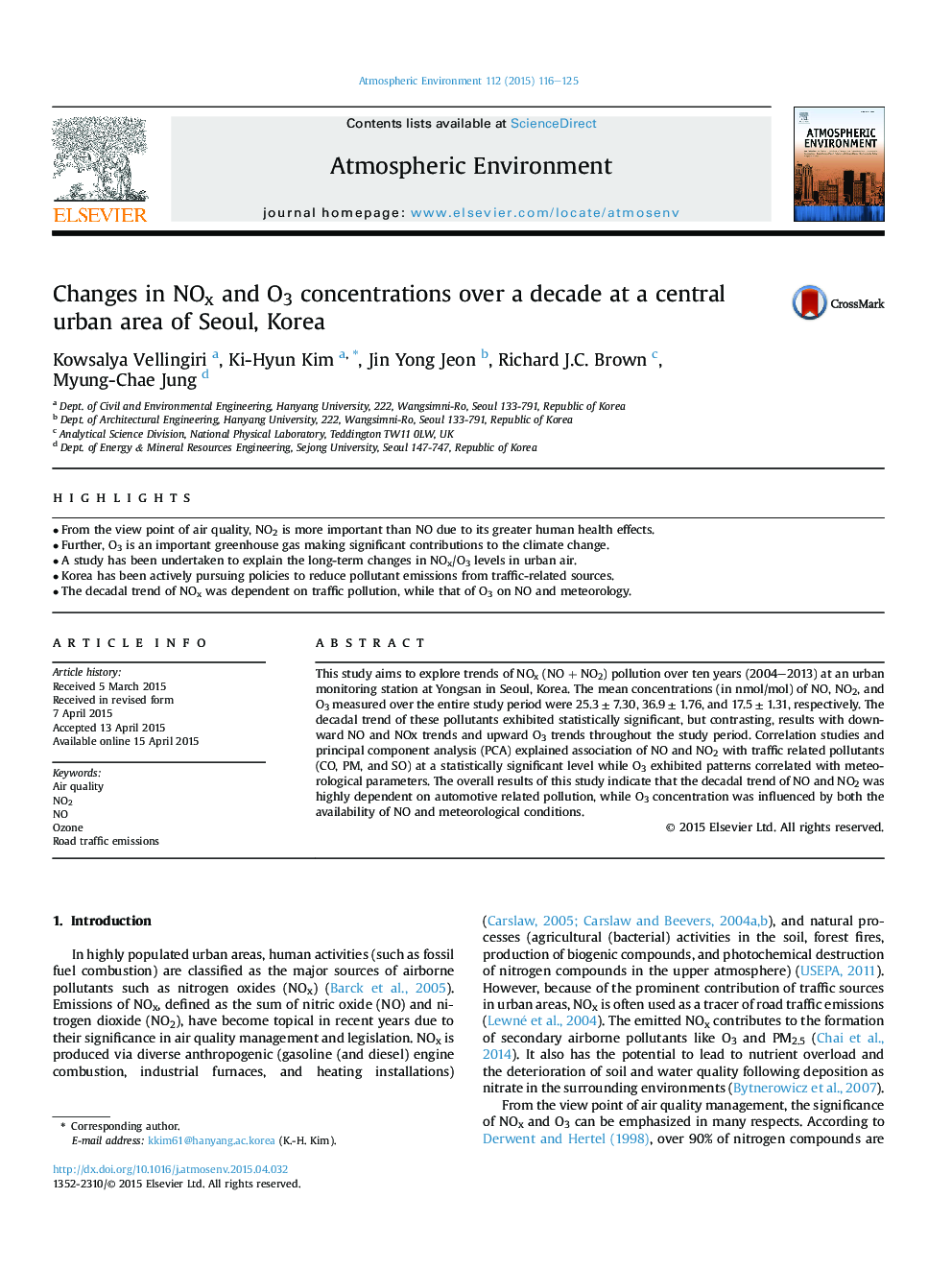 Changes in NOx and O3 concentrations over a decade at a central urban area of Seoul, Korea