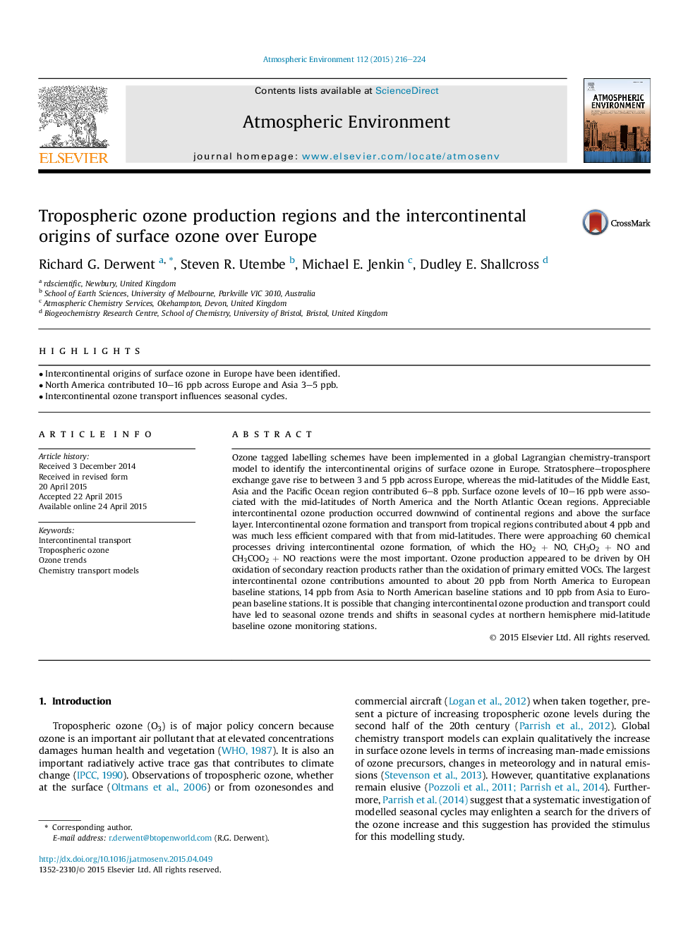 Tropospheric ozone production regions and the intercontinental origins of surface ozone over Europe