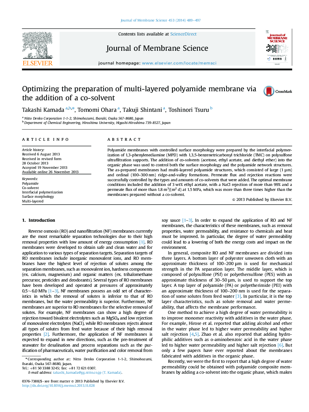 Optimizing the preparation of multi-layered polyamide membrane via the addition of a co-solvent