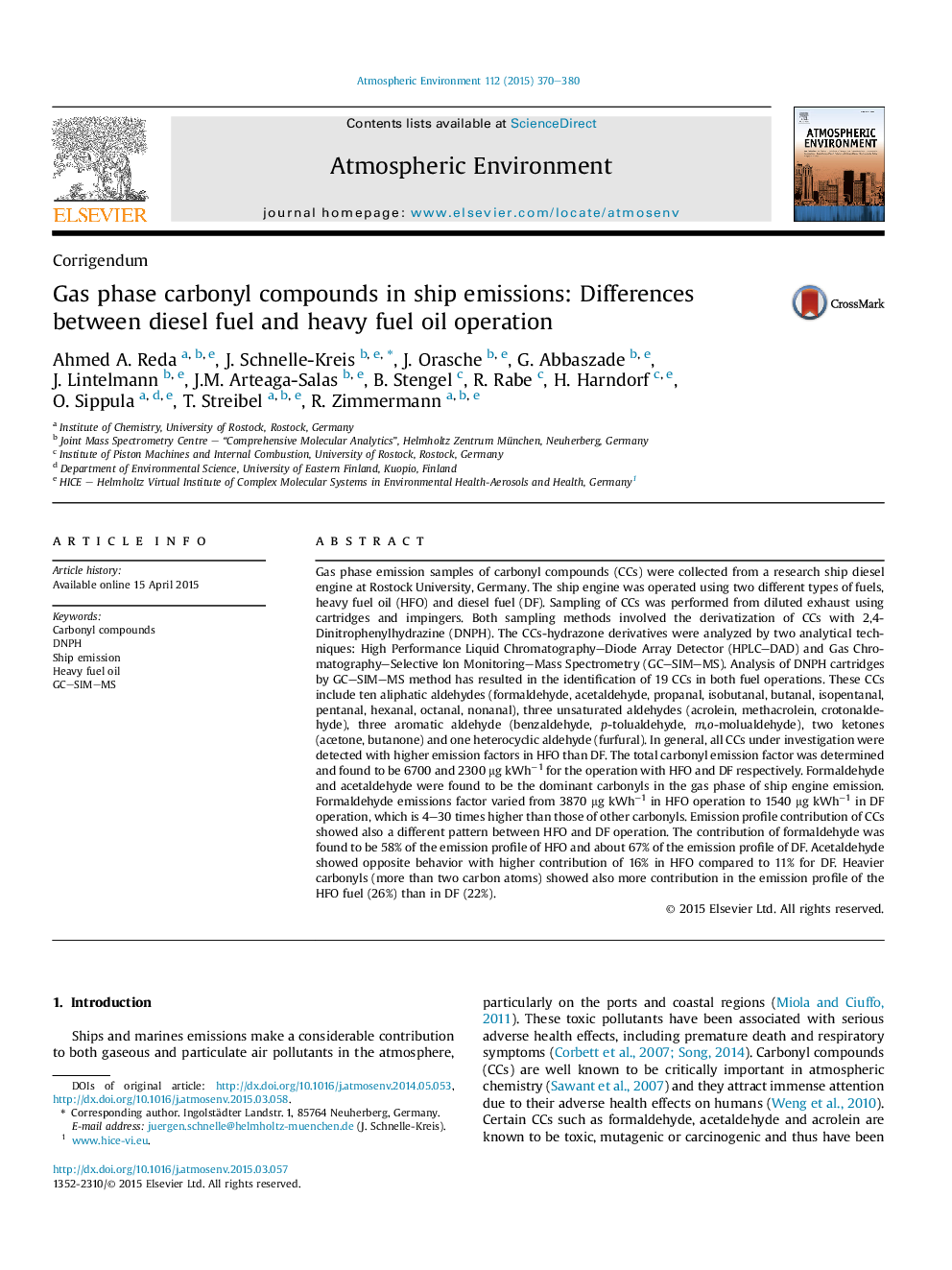 Gas phase carbonyl compounds in ship emissions: Differences between diesel fuel and heavy fuel oil operation