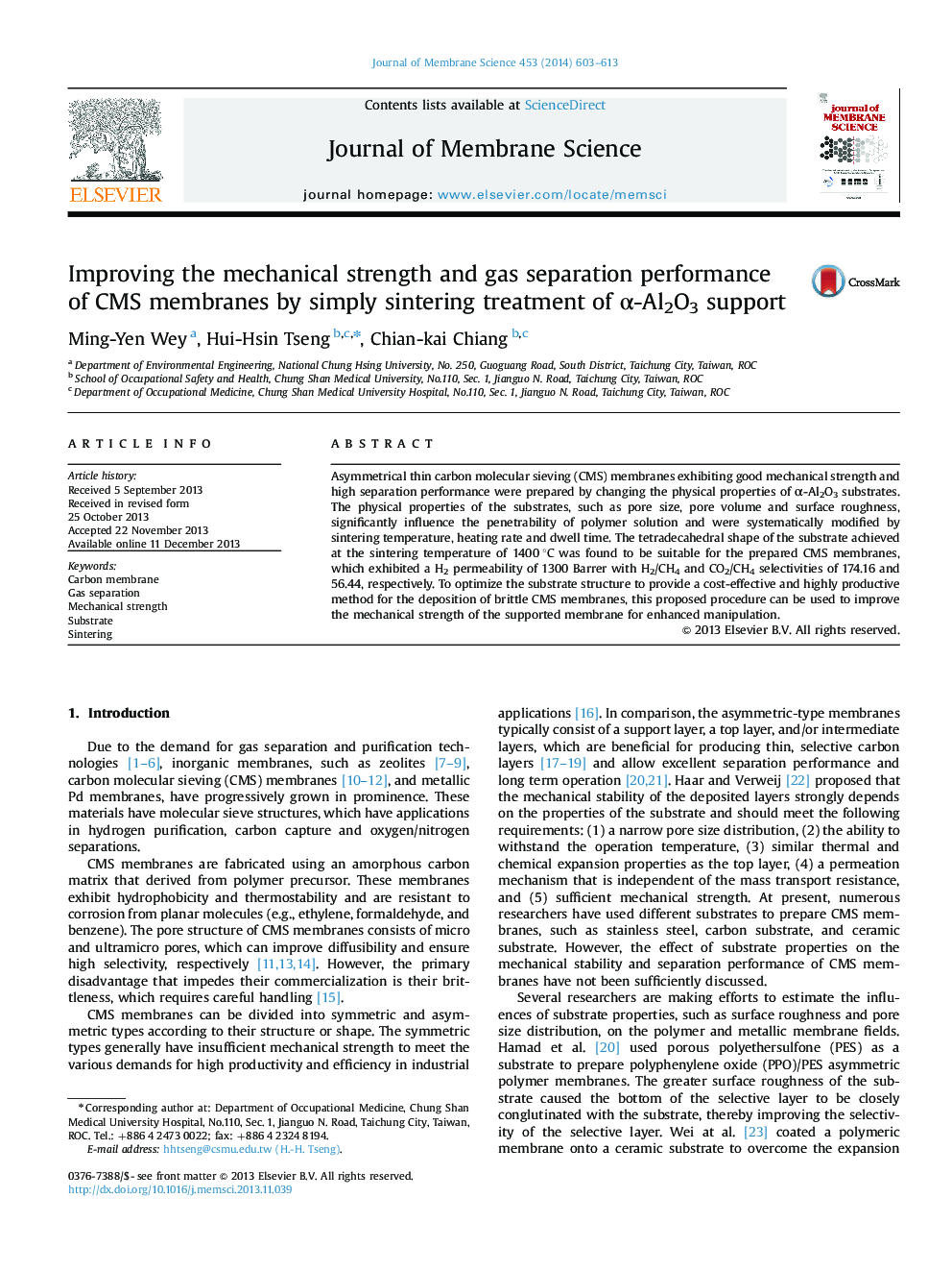 Improving the mechanical strength and gas separation performance of CMS membranes by simply sintering treatment of α-Al2O3 support