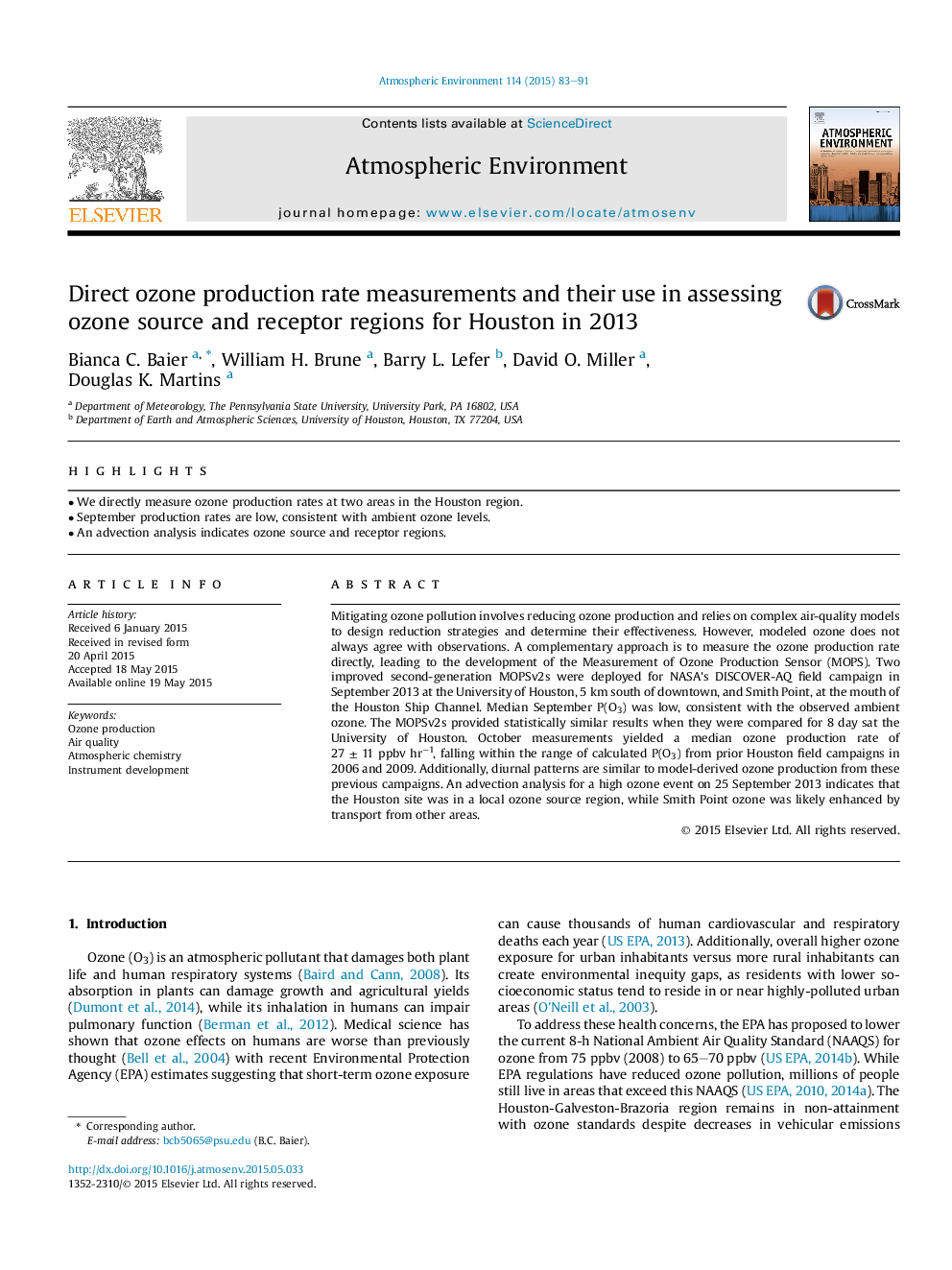 Direct ozone production rate measurements and their use in assessing ozone source and receptor regions for Houston in 2013