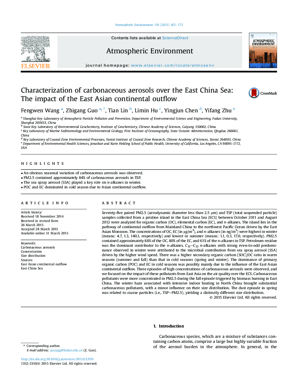 Characterization of carbonaceous aerosols over the East China Sea: The impact of the East Asian continental outflow