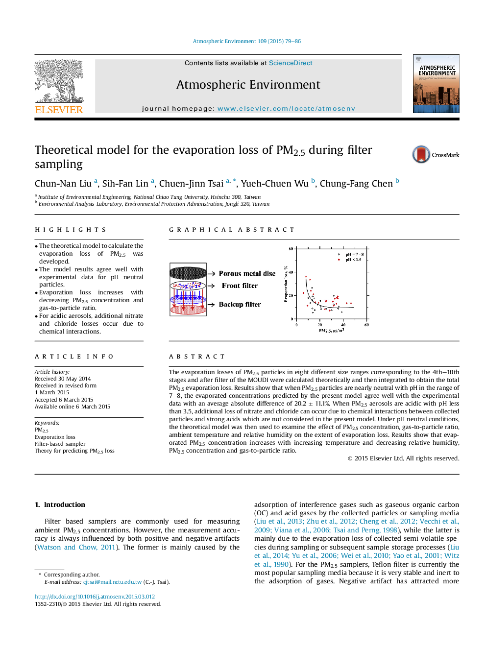 Theoretical model for the evaporation loss of PM2.5 during filter sampling