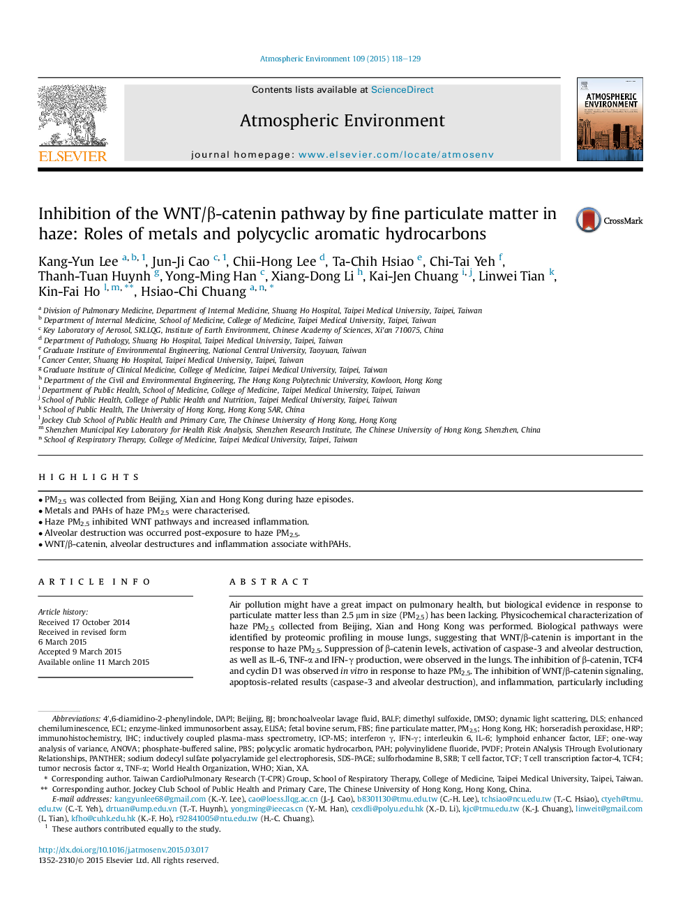 Inhibition of the WNT/Î²-catenin pathway by fine particulate matter in haze: Roles of metals and polycyclic aromatic hydrocarbons