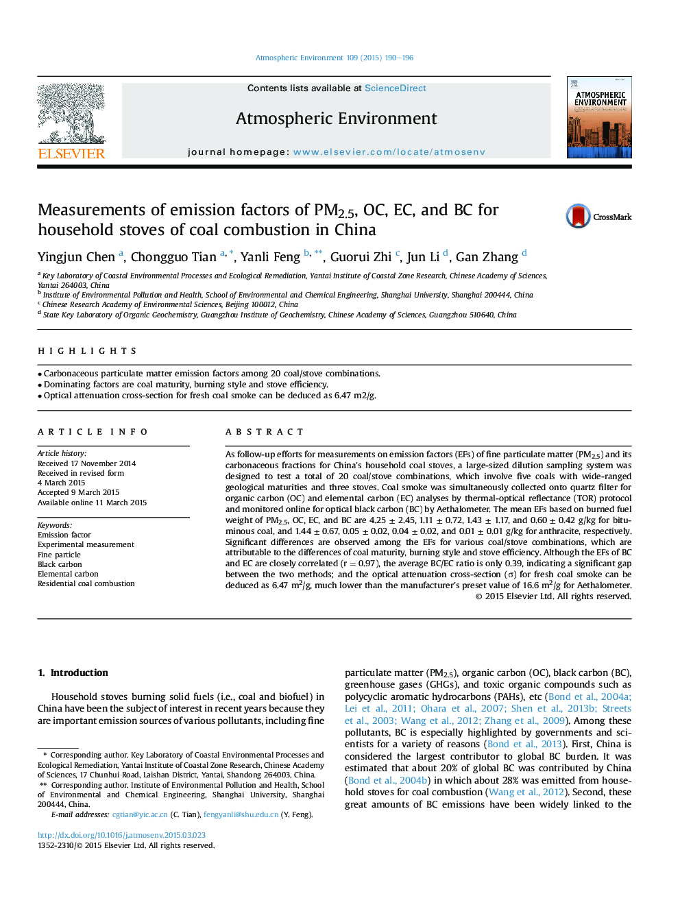 Measurements of emission factors of PM2.5, OC, EC, and BC for household stoves of coal combustion in China