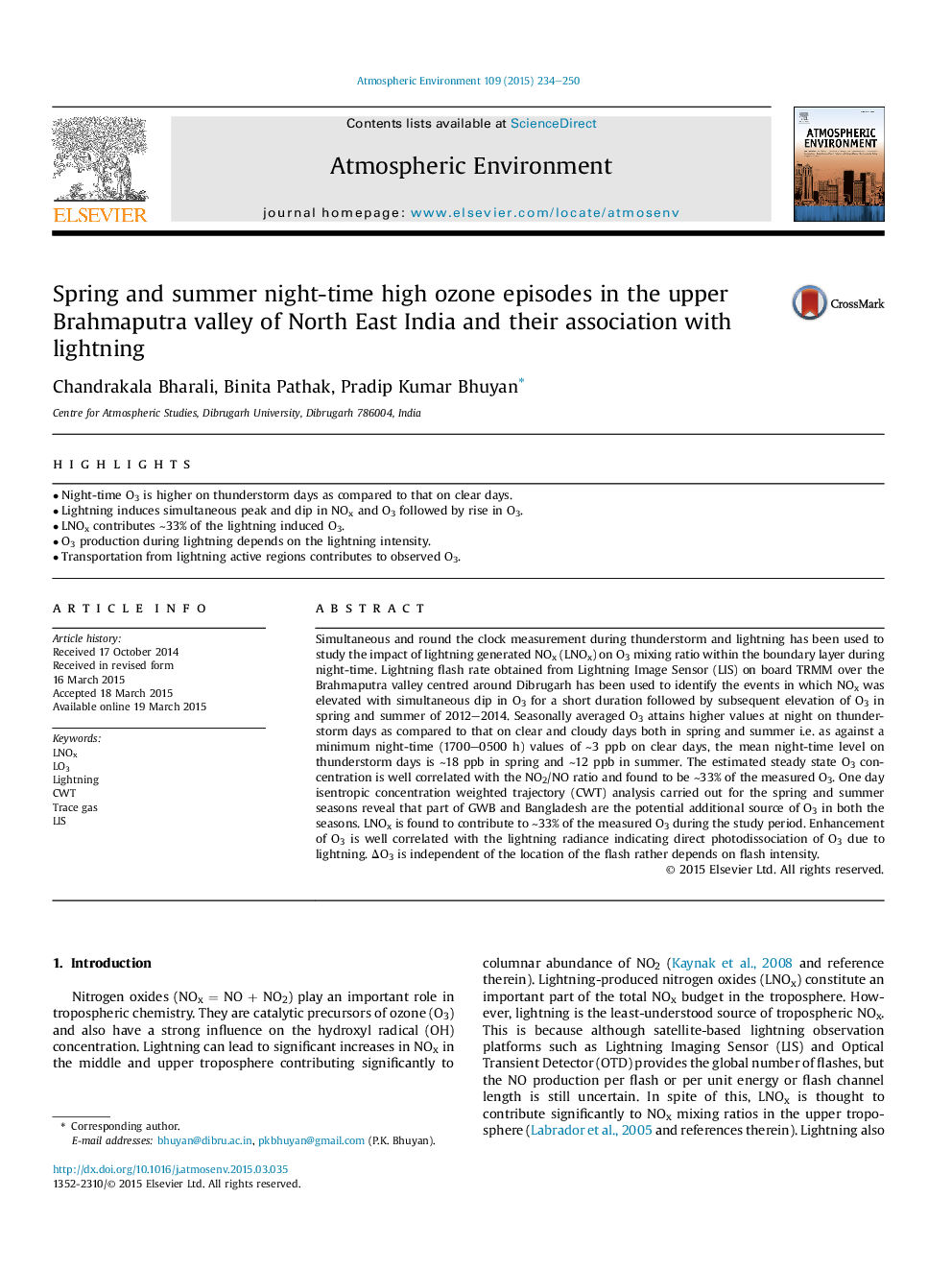 عکس صفحه اول مقاله: Spring and summer night-time high ozone episodes in the upper Brahmaputra valley of North East India and their association with lightning Spring and summer night-time high ozone episodes in the upper Brahmaputra valley of North East India and their association with lightning