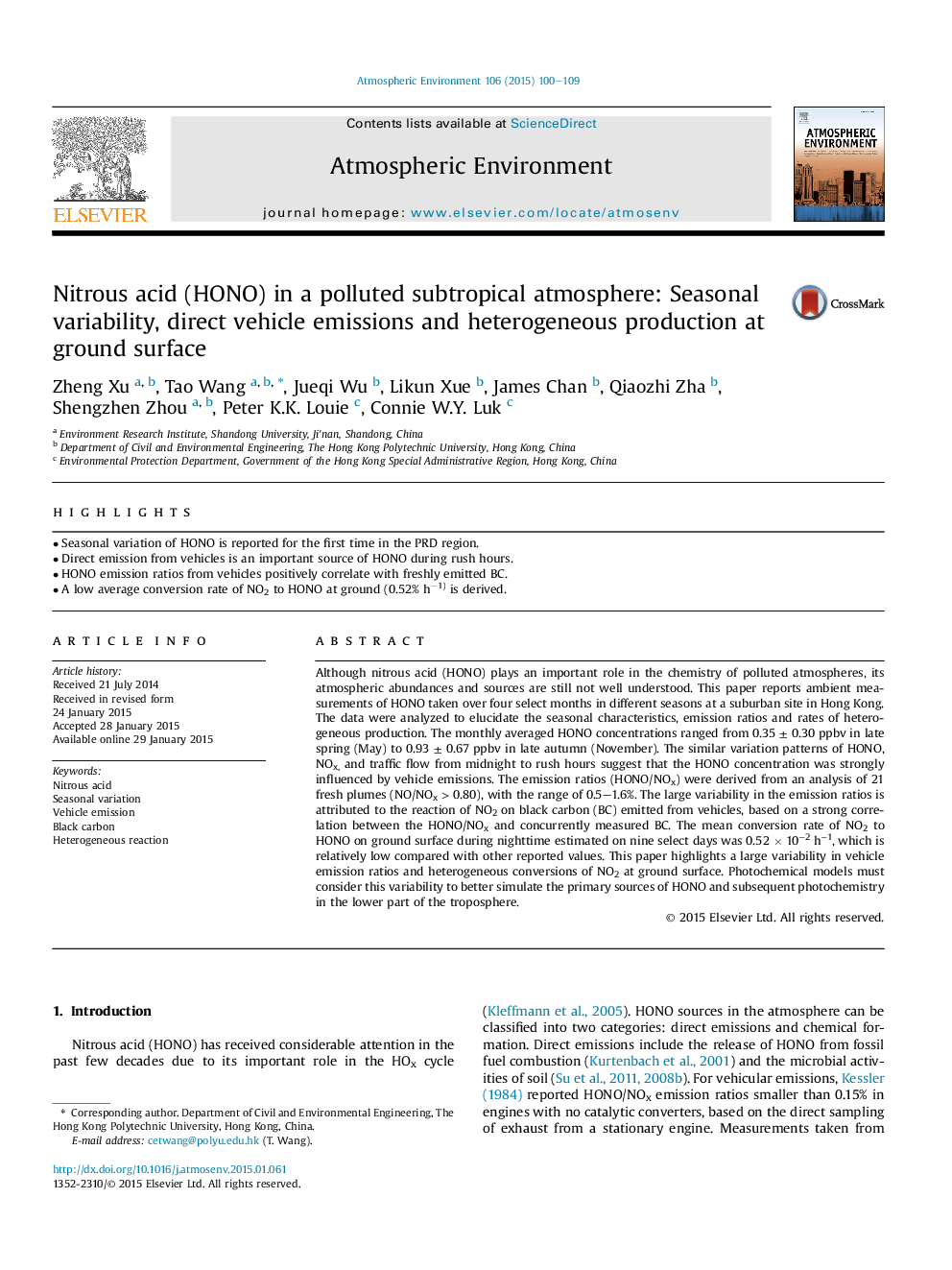 Nitrous acid (HONO) in a polluted subtropical atmosphere: Seasonal variability, direct vehicle emissions and heterogeneous production at ground surface