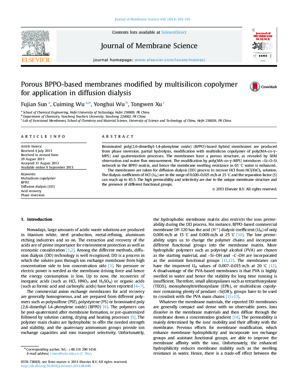 Porous BPPO-based membranes modified by multisilicon copolymer for application in diffusion dialysis