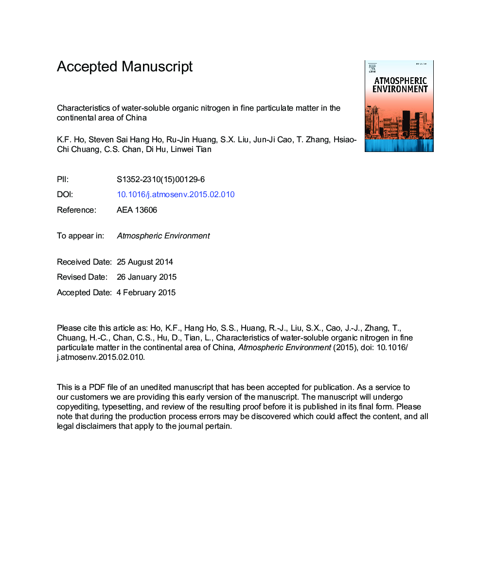 Characteristics of water-soluble organic nitrogen in fine particulate matter in the continental area of China