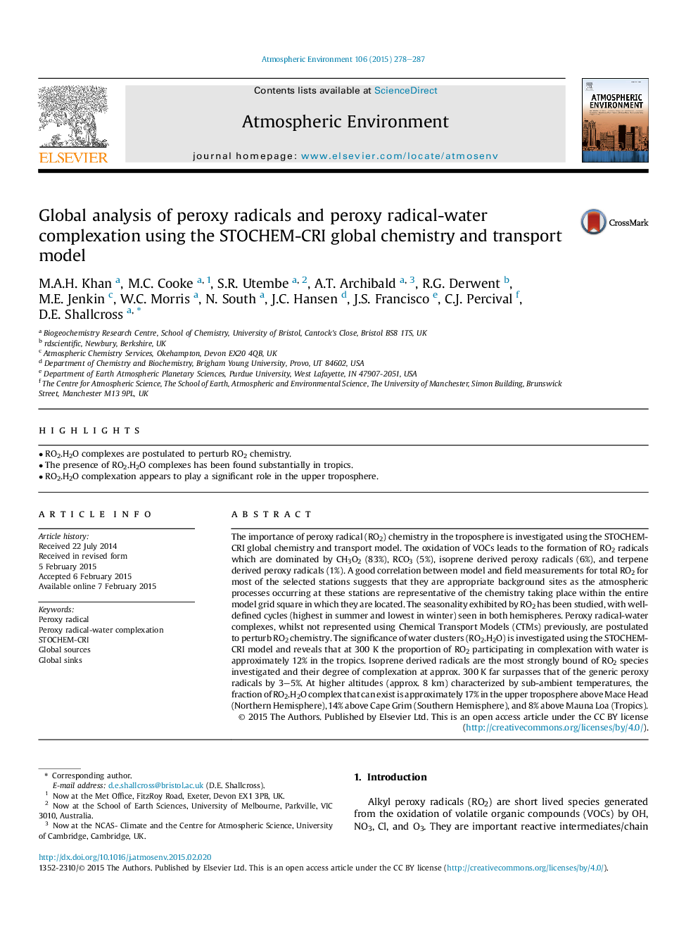 Global analysis of peroxy radicals and peroxy radical-water complexation using the STOCHEM-CRI global chemistry and transport model