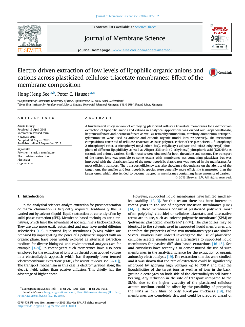 Electro-driven extraction of low levels of lipophilic organic anions and cations across plasticized cellulose triacetate membranes: Effect of the membrane composition