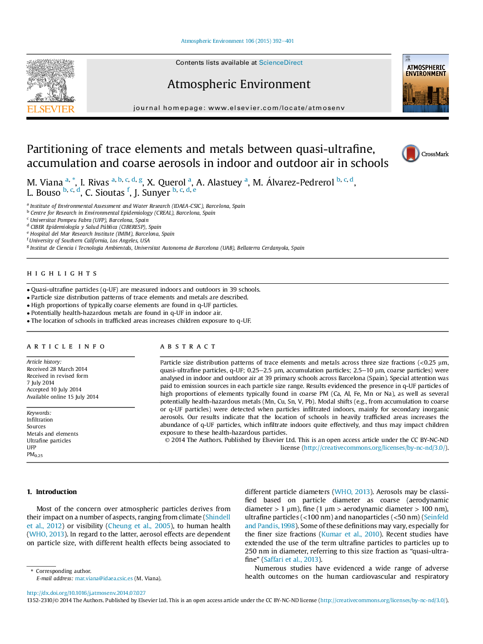 Partitioning of trace elements and metals between quasi-ultrafine, accumulation and coarse aerosols in indoor and outdoor air in schools