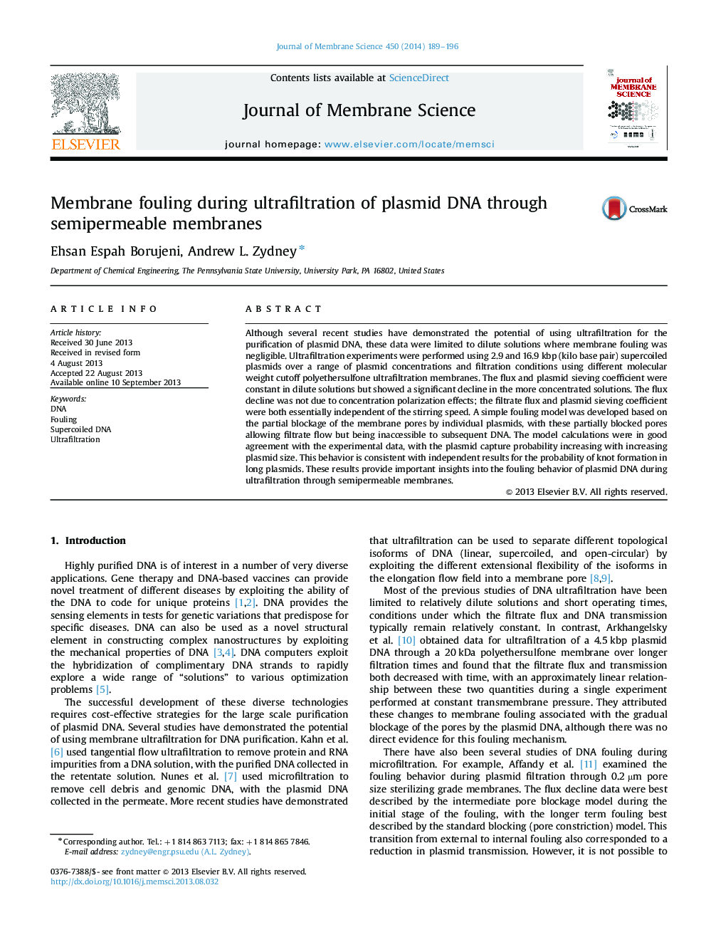 عکس صفحه اول مقاله: Membrane fouling during ultrafiltration of plasmid DNA through semipermeable membranes Membrane fouling during ultrafiltration of plasmid DNA through semipermeable membranes
