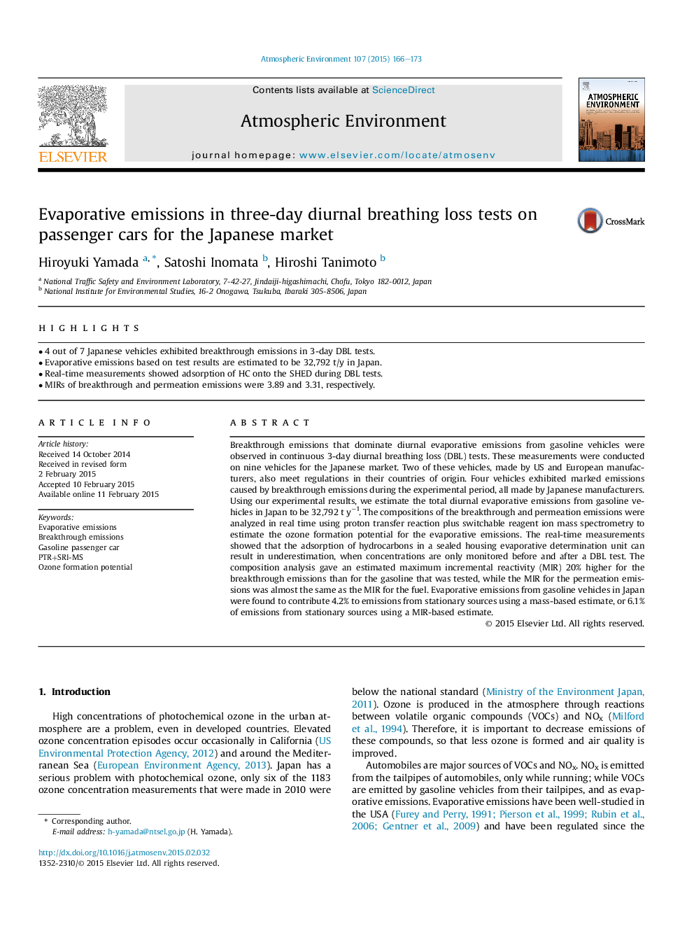 Evaporative emissions in three-day diurnal breathing loss tests on passenger cars for the Japanese market