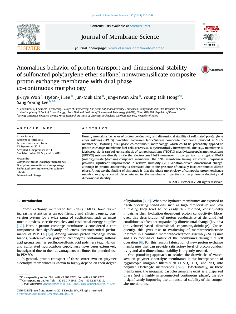 Anomalous behavior of proton transport and dimensional stability of sulfonated poly(arylene ether sulfone) nonwoven/silicate composite proton exchange membrane with dual phase co-continuous morphology