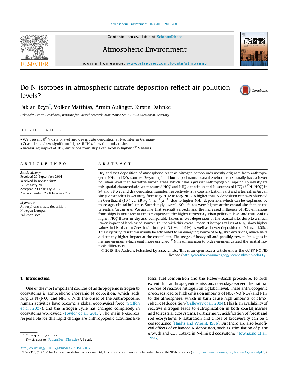 Do N-isotopes in atmospheric nitrate deposition reflect air pollution levels?