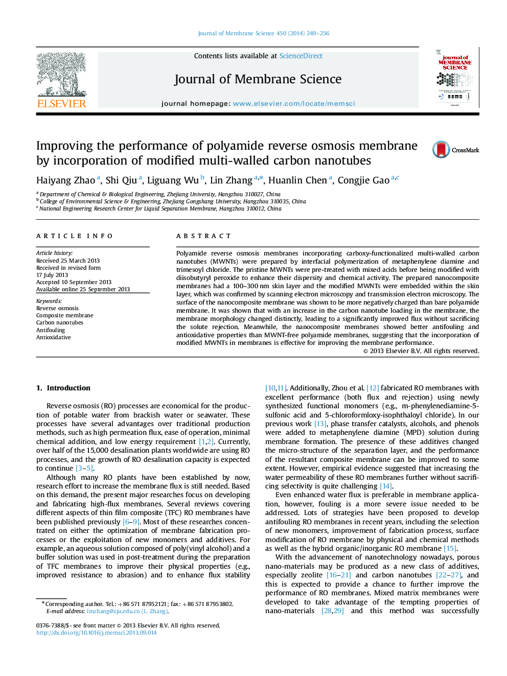 Improving the performance of polyamide reverse osmosis membrane by incorporation of modified multi-walled carbon nanotubes