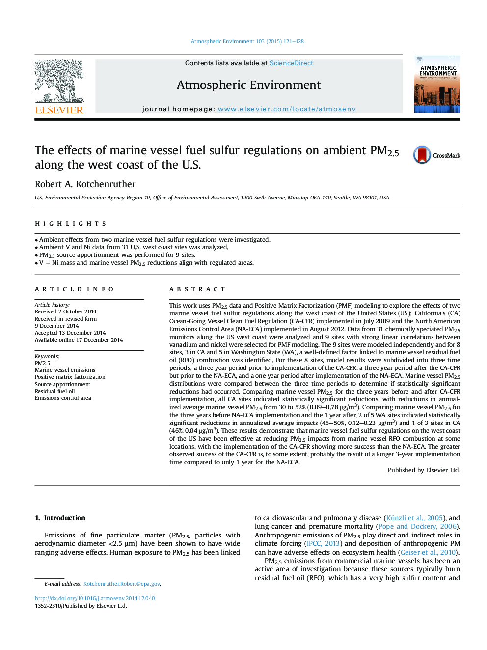 عکس صفحه اول مقاله: The effects of marine vessel fuel sulfur regulations on ambient PM2.5 along the west coast of the U.S. The effects of marine vessel fuel sulfur regulations on ambient PM2.5 along the west coast of the U.S.