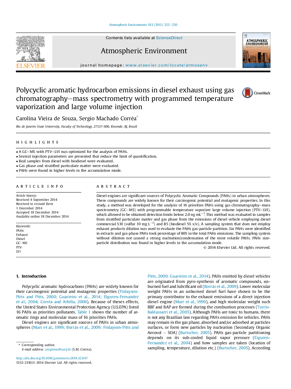 Polycyclic aromatic hydrocarbon emissions in diesel exhaust using gas chromatography-mass spectrometry with programmed temperature vaporization and large volume injection