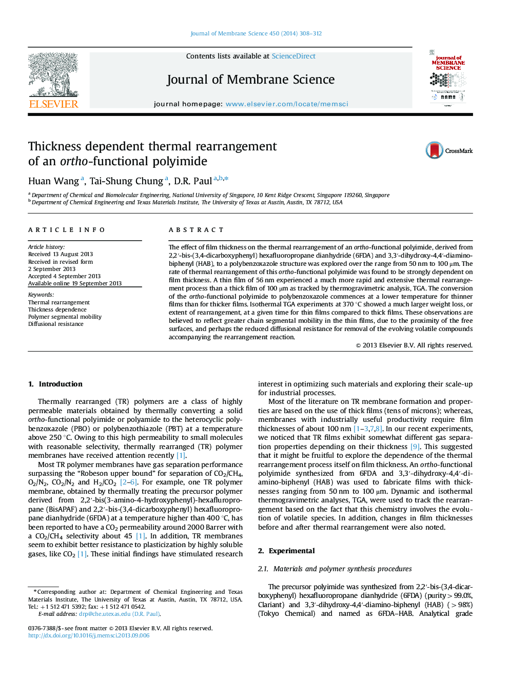 Thickness dependent thermal rearrangement of an ortho-functional polyimide