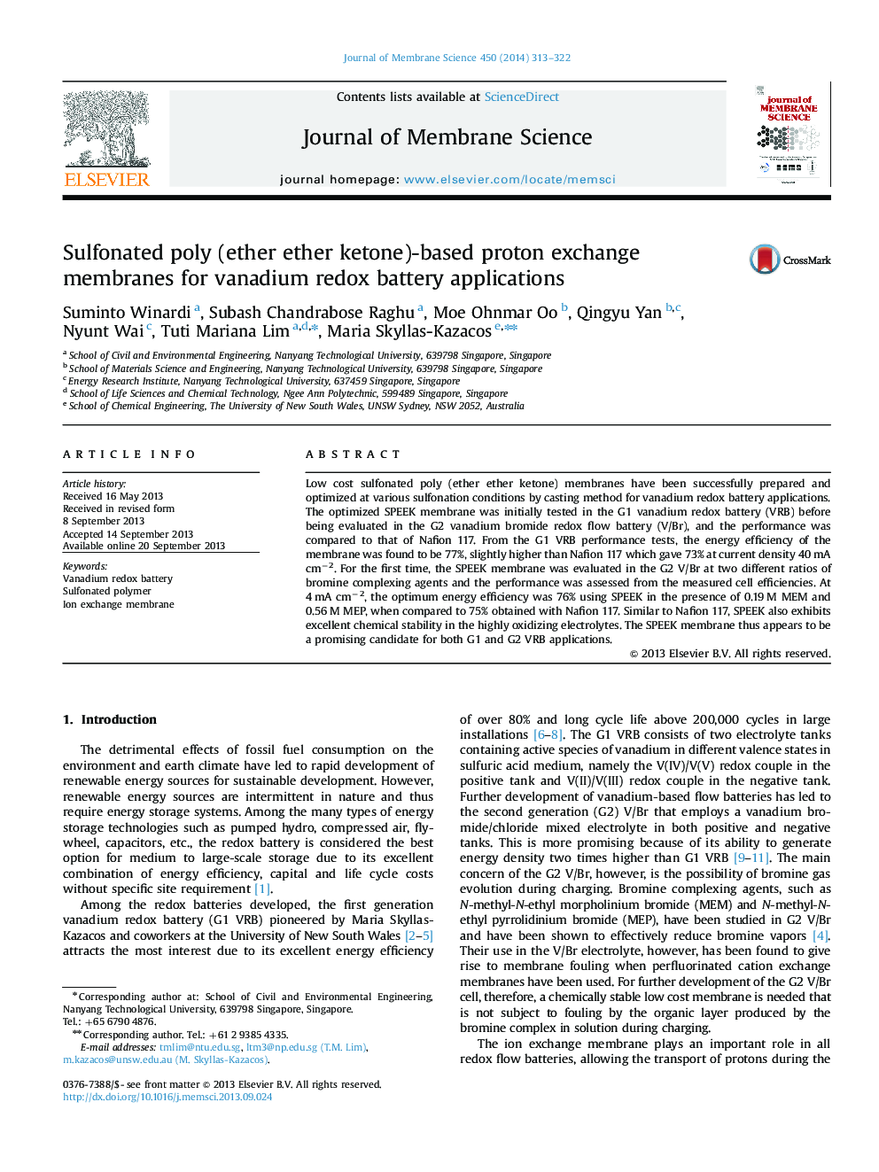 Sulfonated poly (ether ether ketone)-based proton exchange membranes for vanadium redox battery applications