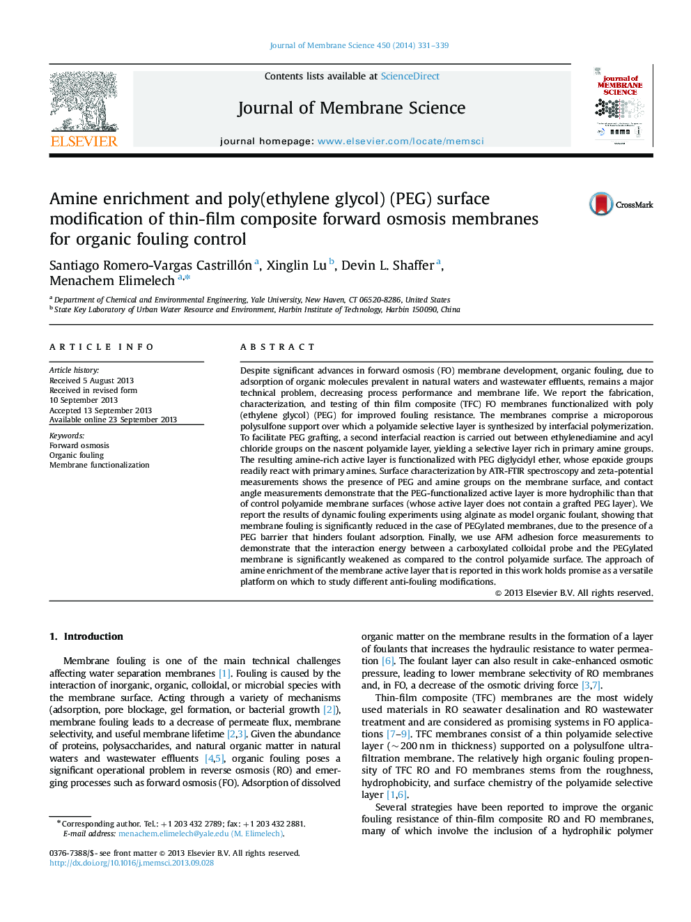 Amine enrichment and poly(ethylene glycol) (PEG) surface modification of thin-film composite forward osmosis membranes for organic fouling control