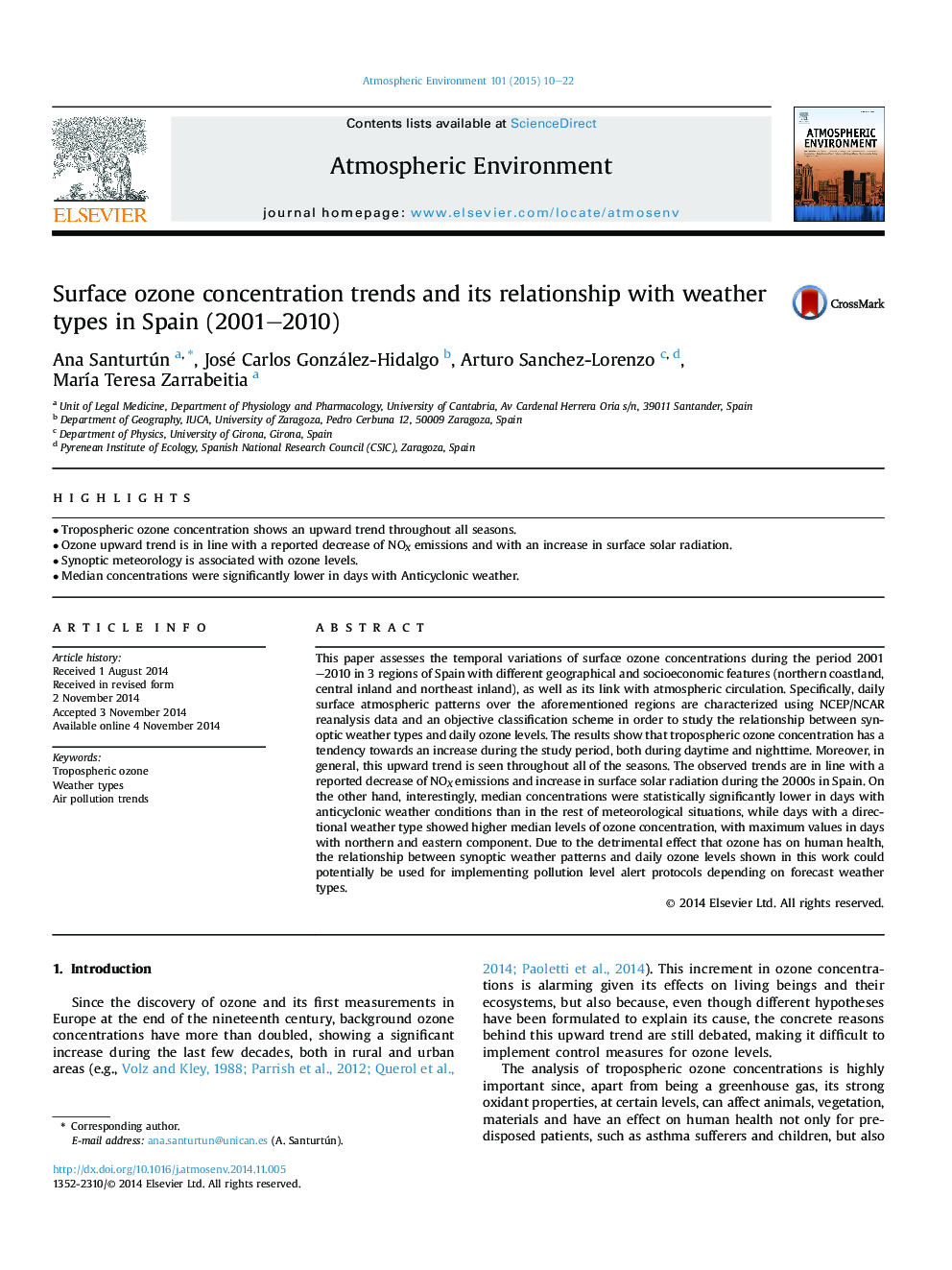 Surface ozone concentration trends and its relationship with weather types in Spain (2001-2010)