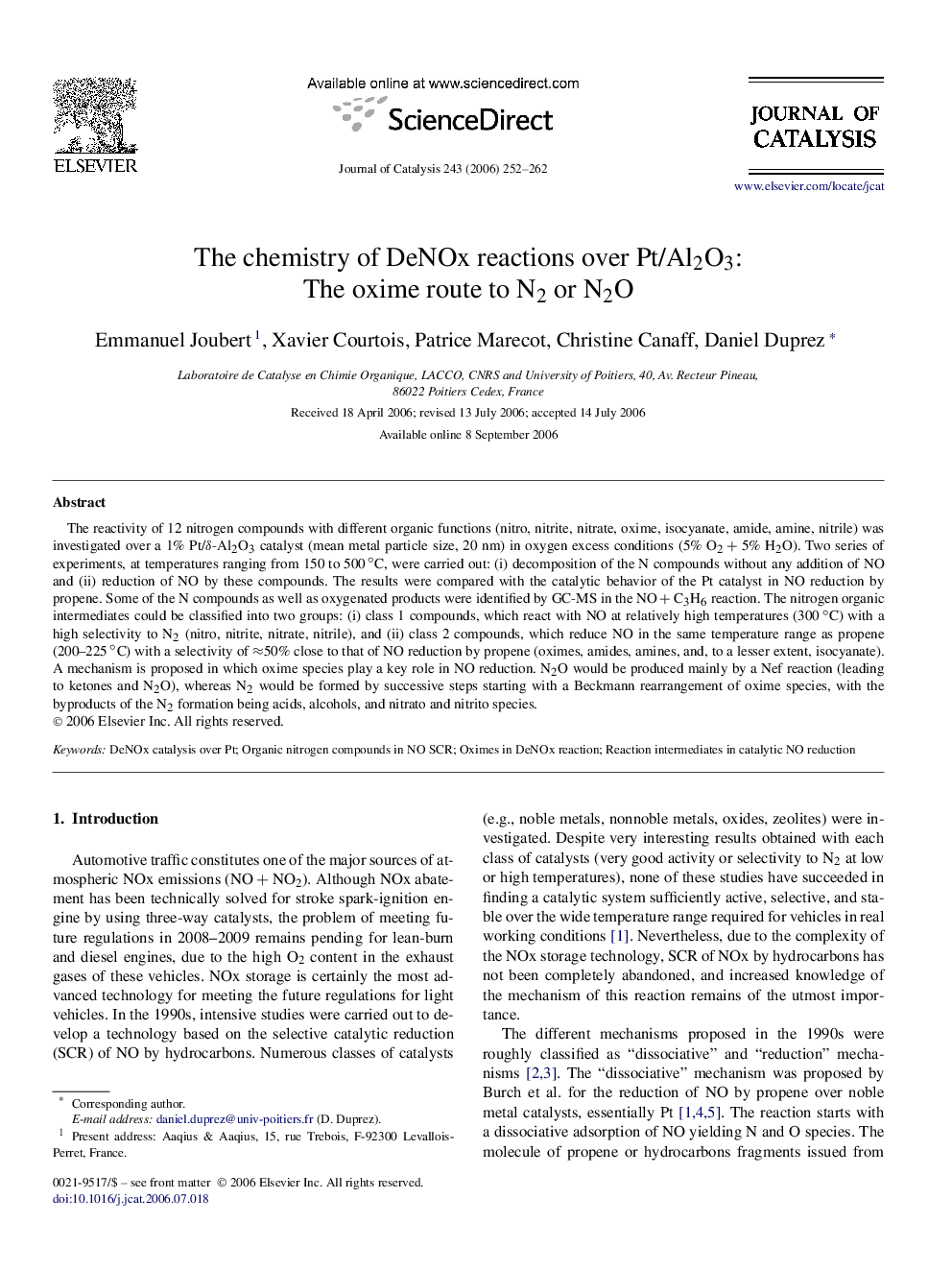 عکس صفحه اول مقاله: The chemistry of DeNOx reactions over Pt/Al2O3: The oxime route to N2 or N2O The chemistry of DeNOx reactions over Pt/Al2O3: The oxime route to N2 or N2O