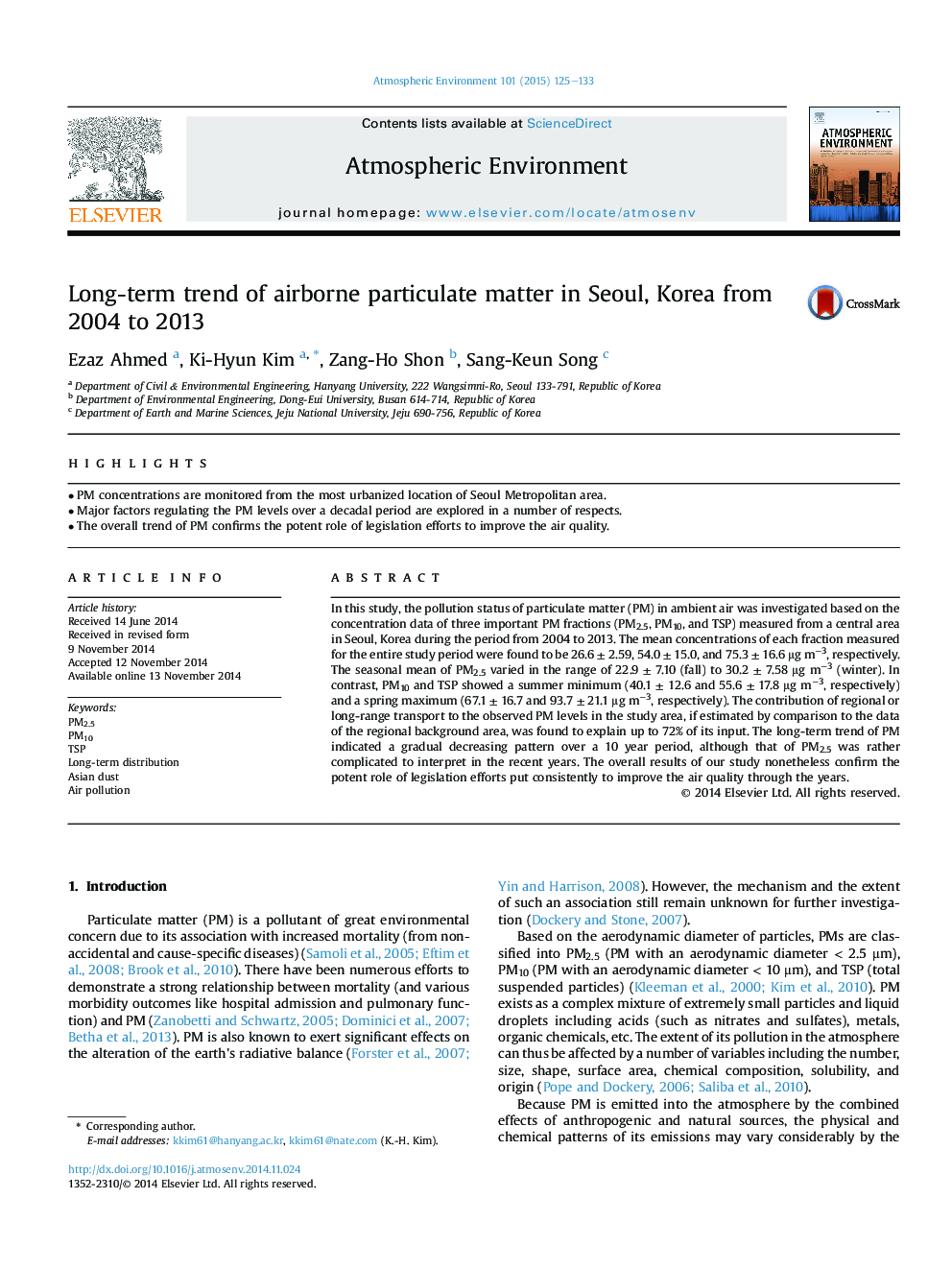 Long-term trend of airborne particulate matter in Seoul, Korea from 2004 to 2013