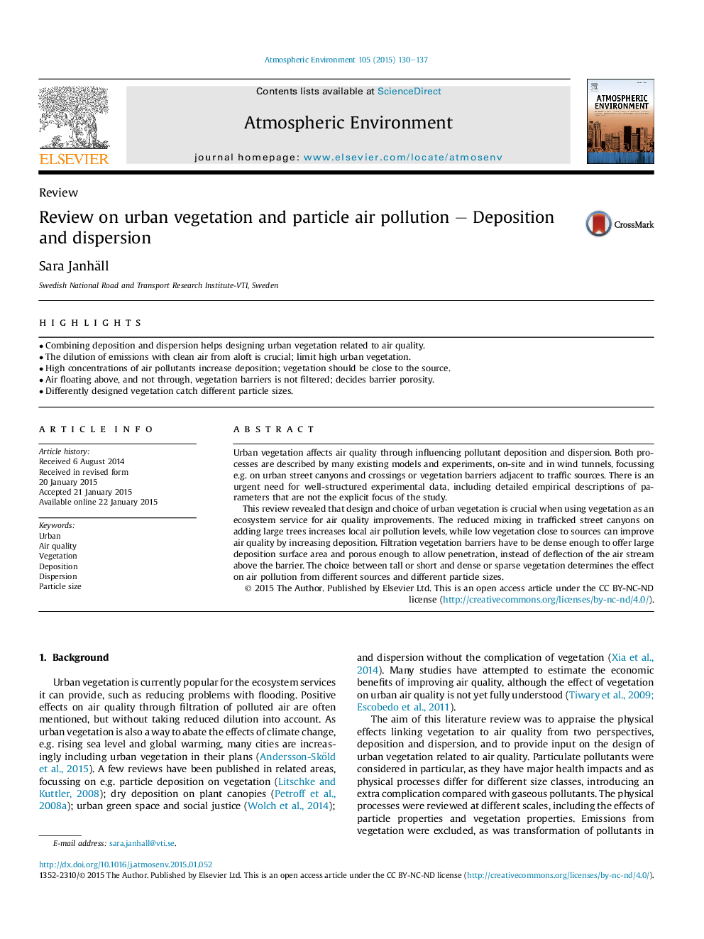 Review on urban vegetation and particle air pollution - Deposition and dispersion