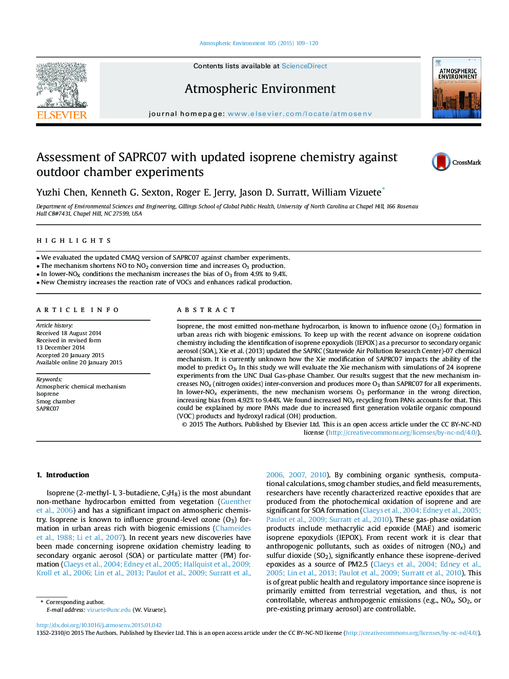 Assessment of SAPRC07 with updated isoprene chemistry against outdoor chamber experiments