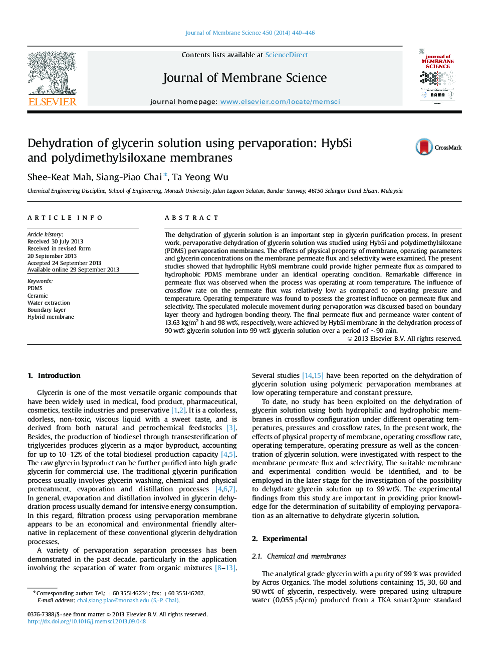 Dehydration of glycerin solution using pervaporation: HybSi and polydimethylsiloxane membranes