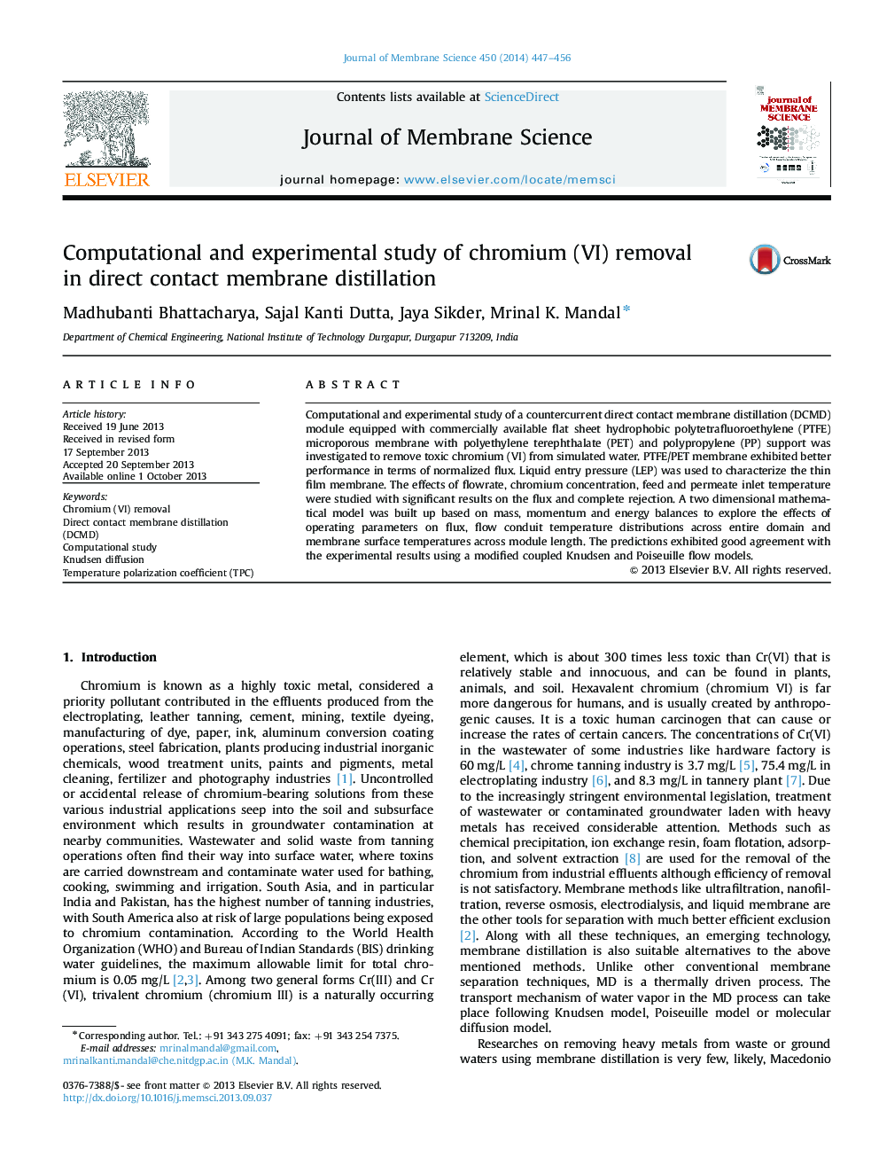 Computational and experimental study of chromium (VI) removal in direct contact membrane distillation