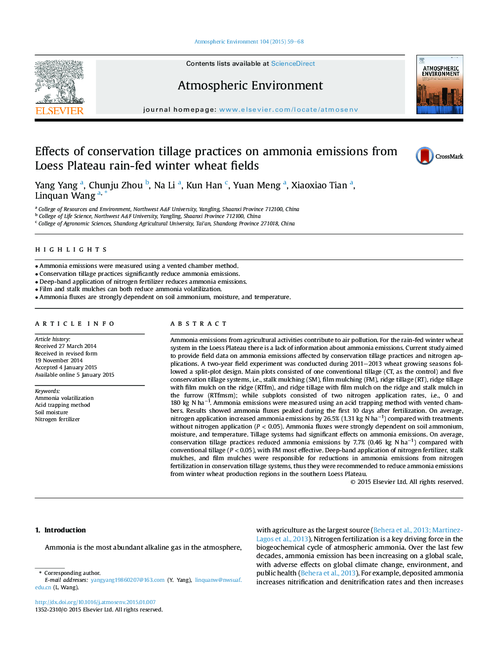 Effects of conservation tillage practices on ammonia emissions from Loess Plateau rain-fed winter wheat fields