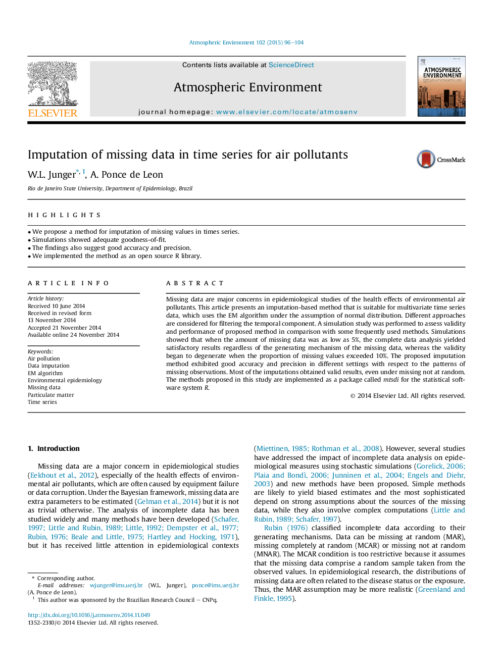 Imputation of missing data in time series for air pollutants