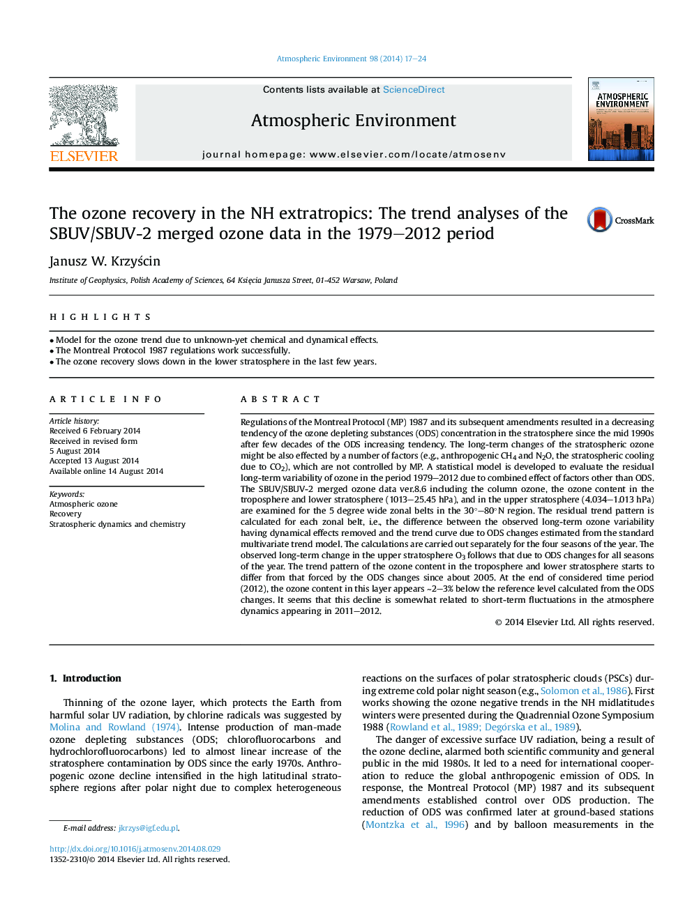 عکس صفحه اول مقاله: The ozone recovery in the NH extratropics: The trend analyses of the SBUV/SBUV-2 merged ozone data in the 1979-2012 period The ozone recovery in the NH extratropics: The trend analyses of the SBUV/SBUV-2 merged ozone data in the 1979-2012 period
