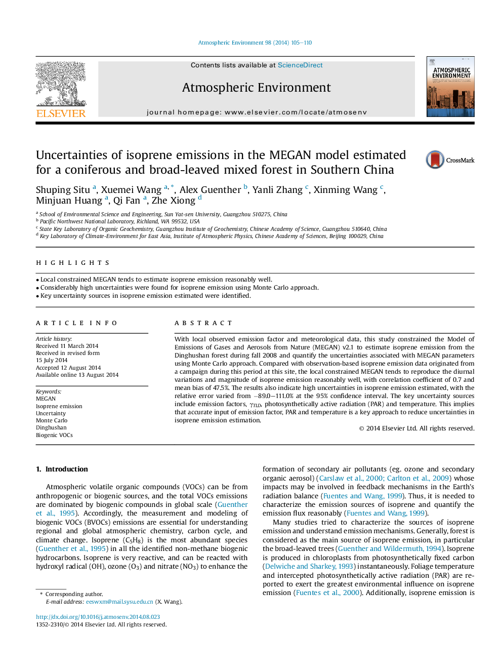 Uncertainties of isoprene emissions in the MEGAN model estimated for a coniferous and broad-leaved mixed forest in Southern China