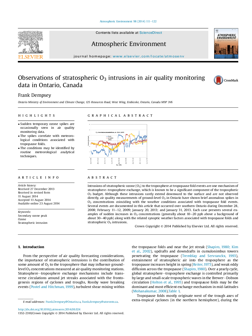 Observations of stratospheric O3 intrusions in air quality monitoring data in Ontario, Canada